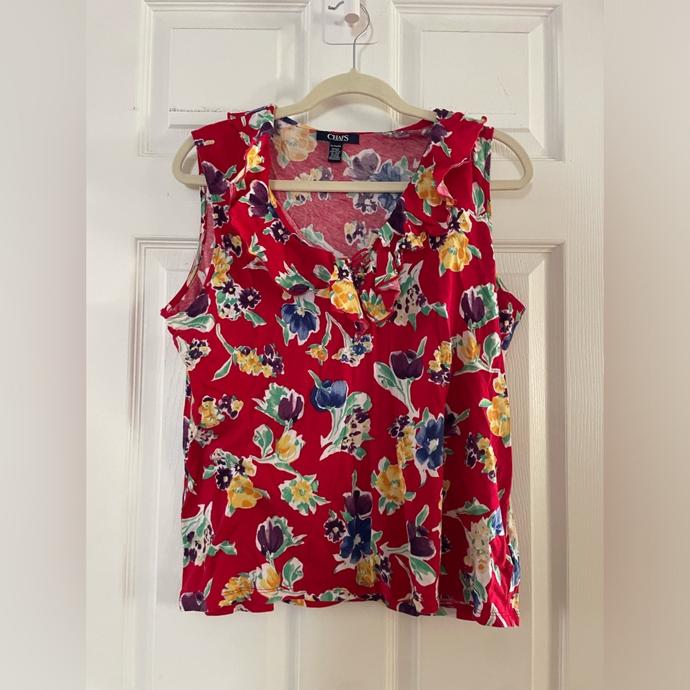 Chaps Red Floral Ruffle V-Neck Sleeveless Top